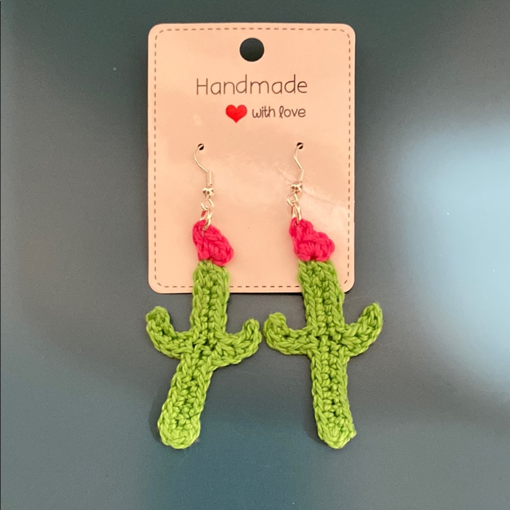 Crochet Cactus Earrings Handmade - Picture 3 of 3